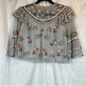 Needle & Thread Floral Embroidered Ruffle Sheer 3/4 Bell Sleeve blouse